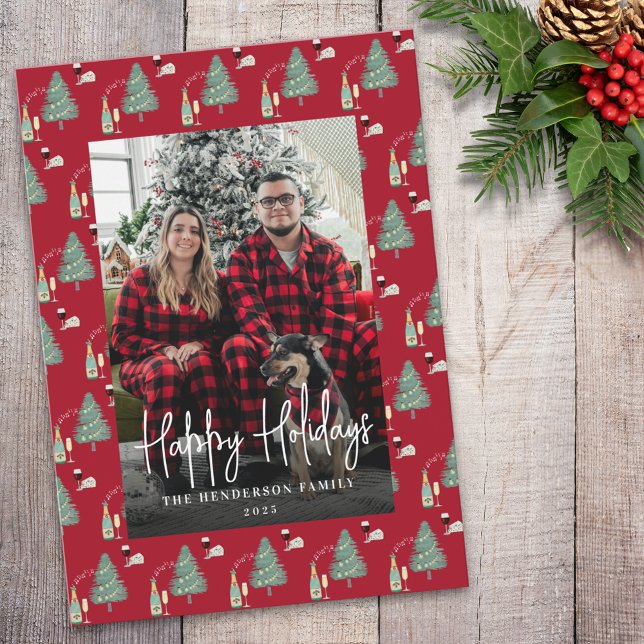 Christmas Tree Music Wine Cheese Custom Photo Holiday Card (Happy holidays watercolor christmas tree lights wine cheese personalized Photo holiday card)