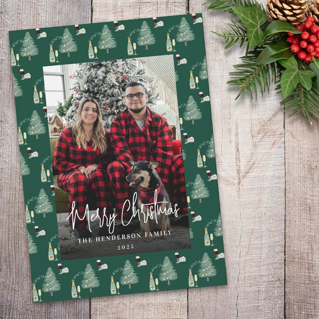 Christmas Tree Music Wine Cheese Custom Photo Holiday Card (Whimsical watercolor festive tree wine music christmas photo green modern holiday card)
