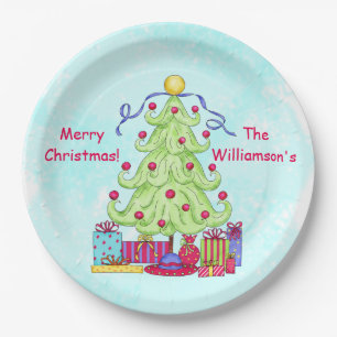 Christmas Tree Name Personalized Turquoise Party Paper Plate