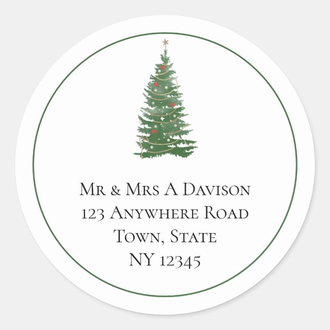 Christmas Tree Name Return Address Classic Round Sticker (Front)