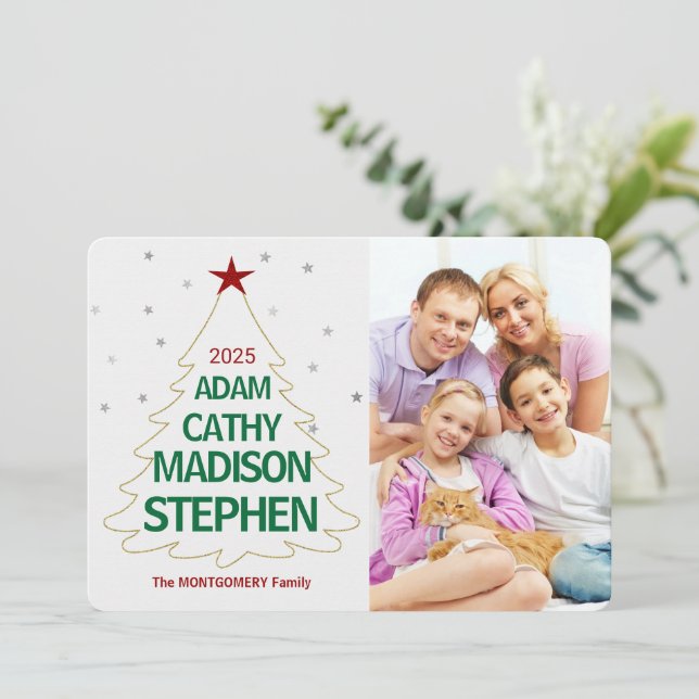 Christmas Tree Names Golden Coloured Stars Photo Holiday Card (Standing Front)