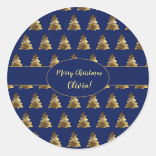 Christmas Tree Navy Blue and Gold Elegant Classic Round Sticker
