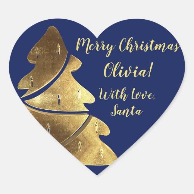 Christmas Tree Navy Blue and Gold Elegant Heart Sticker (Front)