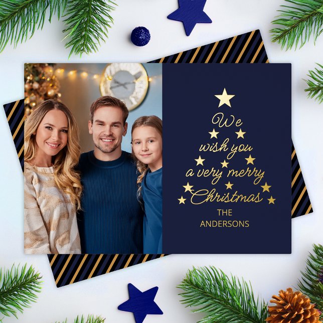 Christmas Tree Navy Blue Gold Stars Family Photo  Foil Holiday Card (Creator Uploaded)