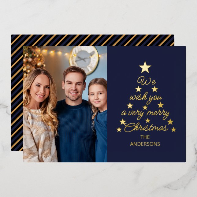 Christmas Tree Navy Blue Gold Stars Family Photo  Foil Holiday Card (Front/Back)
