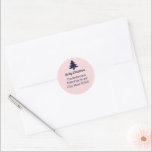 Christmas Tree Navy Blue Pale Pink Return Address Classic Round Sticker<br><div class="desc">You can personalise navy blue text with your personalised message and name. At the top, you can customise the navy blue script that says "Merry Christmas". There's additional navy blue display text that you can edit to show your name and return address. This pale pink sticker has a navy blue...</div>