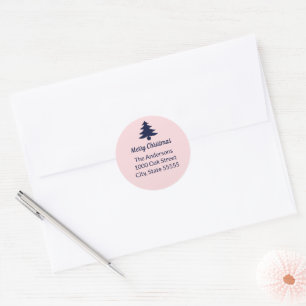 Christmas Tree Navy Blue Pale Pink Return Address Classic Round Sticker