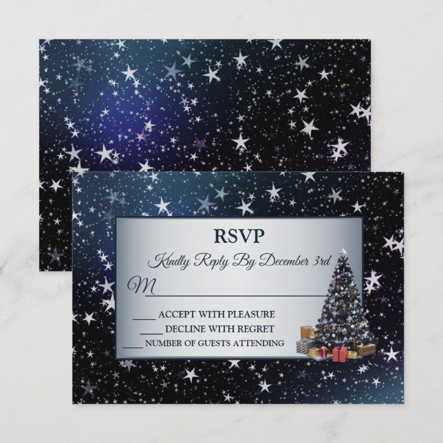 Christmas Tree Navy Blue Shiny Stars Holidays RSVP Card (Front/Back)