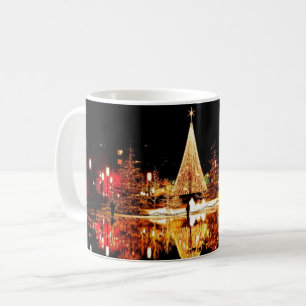 Christmas tree night city scene light reflection coffee mug
