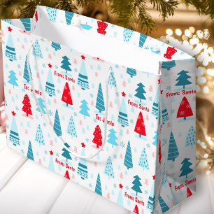 Christmas Tree Nordic Simple Blue Red Custom Name Large Gift Bag