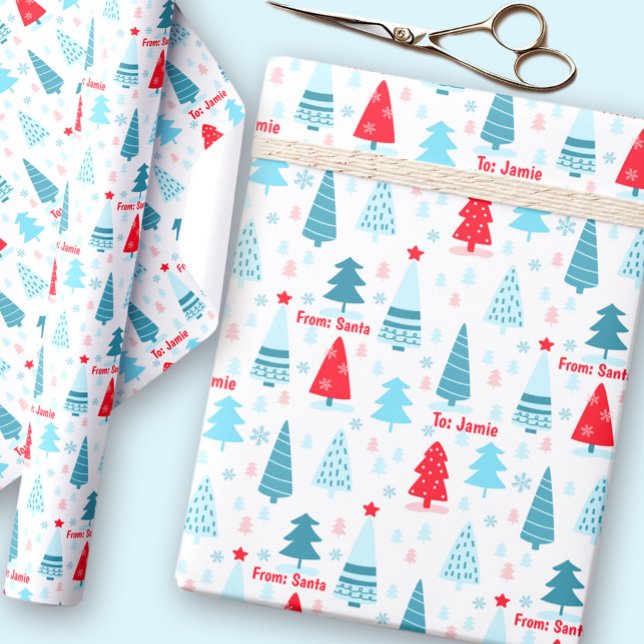 Christmas Tree Nordic Simple Blue Red Custom Name  Wrapping Paper (Christmas Tree Nordic Simple Blue Red Custom Name Wrapping Paper)