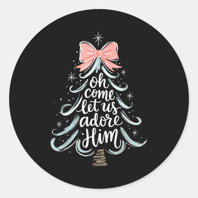 Christmas Tree Oh Come Let Jesus Us Adore Him Coqu Classic Round Sticker (Front)