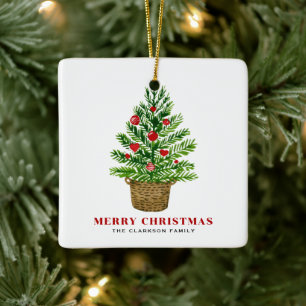 Christmas Tree on a Wicker Basket Merry Christmas Ceramic Ornament