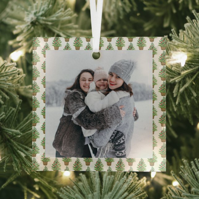 Christmas Tree on a Wicker Basket Pattern Photo Glass Tree Decoration (Insitu)