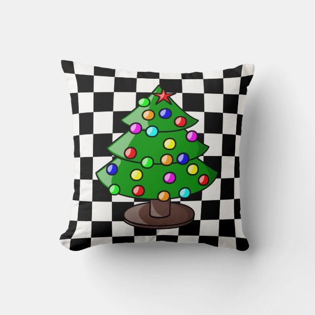 Christmas Tree on Black and White Chequered Backgr Cushion (Front)