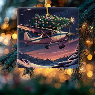 Christmas Tree on Cessna Aeroplane Photo Funny Ceramic Ornament