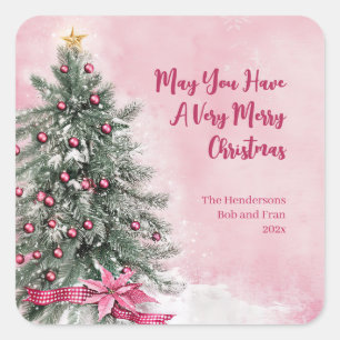 Christmas Tree on Pink  Square Sticker