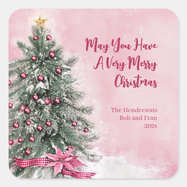 Christmas Tree on Pink  Square Sticker (Front)