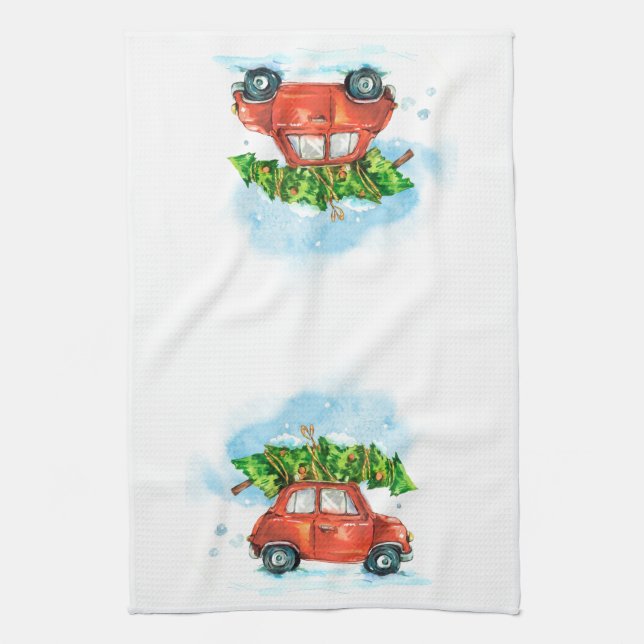Christmas Tree on red car iconic retro dish Kitche Tea Towel (Vertical)