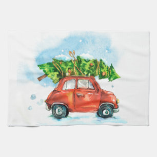 Christmas Tree on red car iconic retro dish Tea Towel