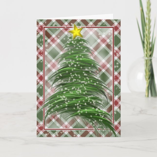 Christmas Tree on Red Green and White Plaid Holiday Card (Front)