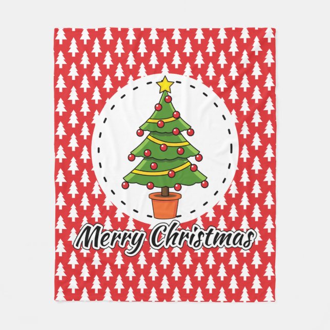 Christmas Tree on Red Pines Pattern - Merry Xmas Fleece Blanket (Front)