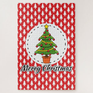 Christmas Tree on Red Pines Pattern - Merry Xmas Jigsaw Puzzle