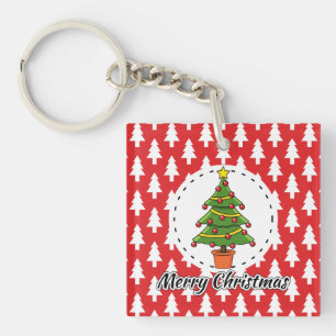 Christmas Tree on Red Pines Pattern - Merry Xmas Key Ring