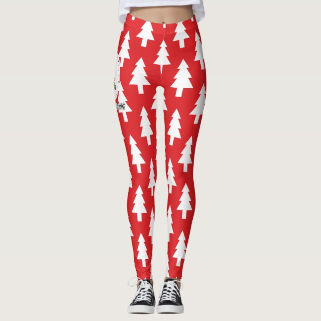 Christmas Tree on Red Pines Pattern - Merry Xmas Leggings (Front)