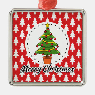 Christmas Tree on Red Pines Pattern - Merry Xmas Metal Tree Decoration