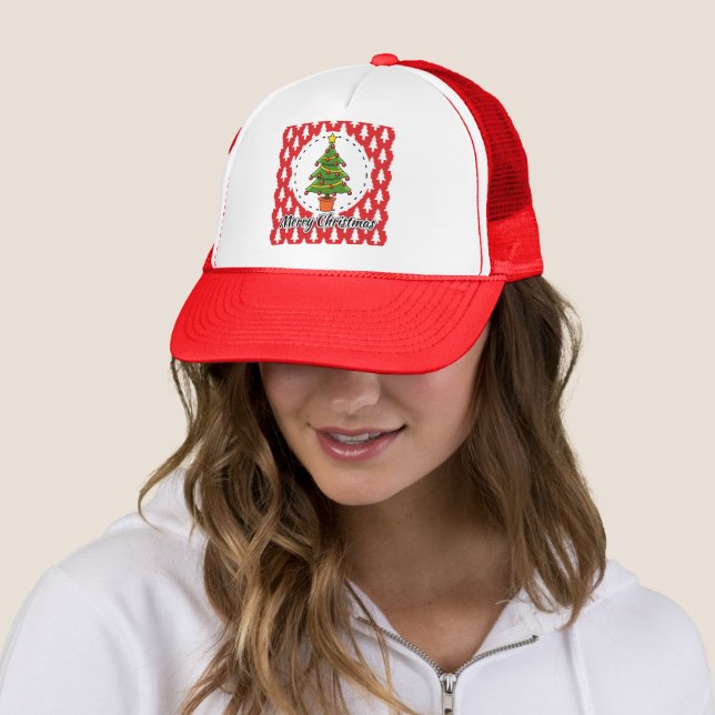Christmas Tree on Red Pines Pattern - Merry Xmas Trucker Hat (In Situ)