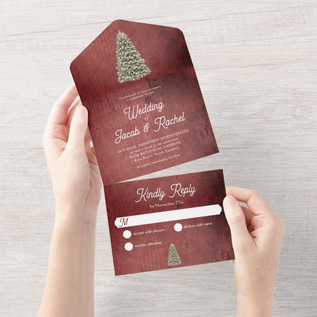 Christmas Tree on Red Wood Rustic Wedding All In One Invitation (Tearaway)