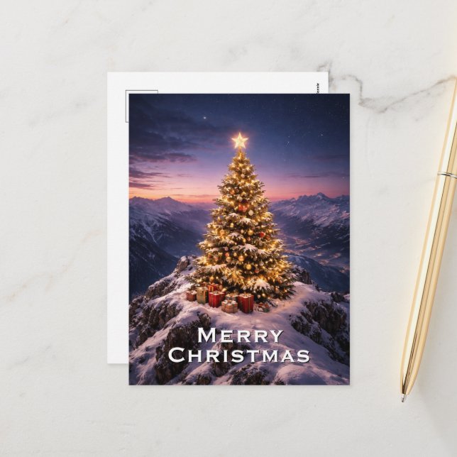 Christmas tree on top of a mountain custom holiday postcard (Front/Back In Situ)