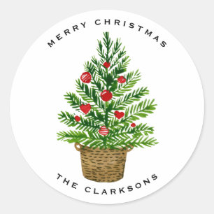 Christmas Tree on Wicker Basket Happy Holidays Classic Round Sticker