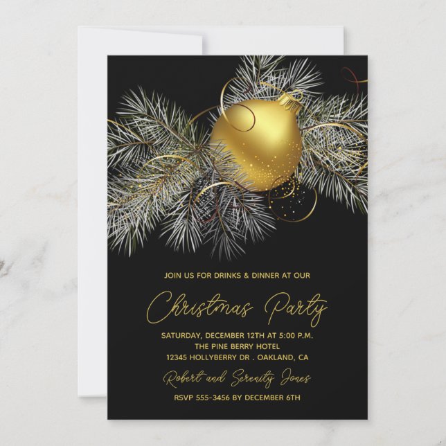 Christmas Tree Ornament Black Party Invite (Front)