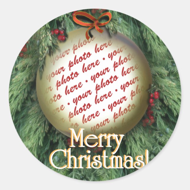 Christmas Tree Ornament Photo Frame Classic Round Sticker (Front)