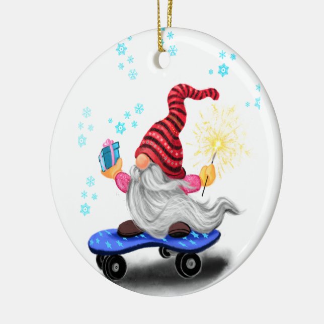 Christmas Tree Ornament Skater Gnome with Gifts (Left)