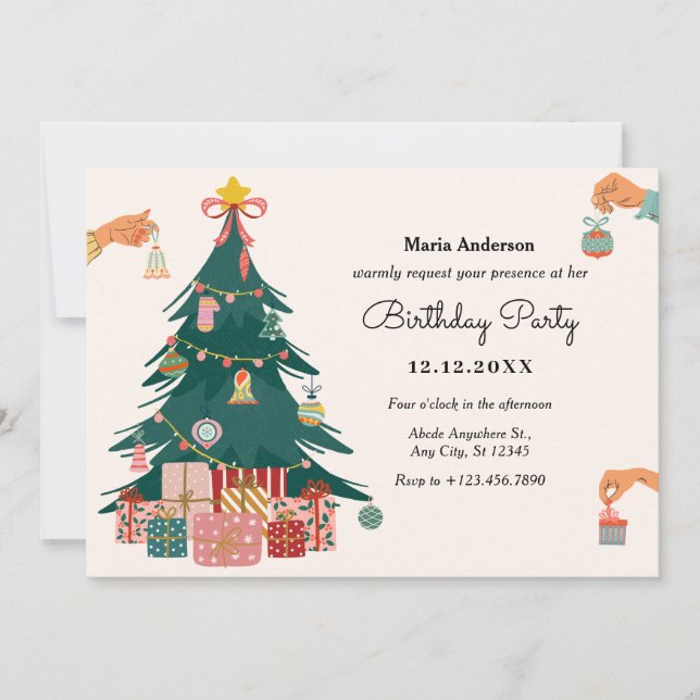 Christmas tree ornaments decoration birthday invitation (Front)