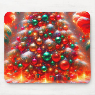 Christmas Tree Ornaments in Green Red + Yellow on Mouse Mat