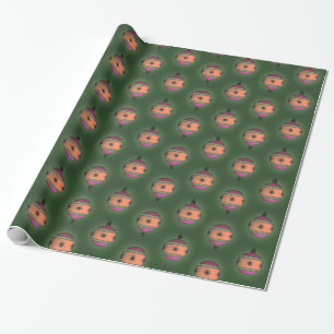 Christmas Tree Ornaments Peach Purple on Green Wrapping Paper