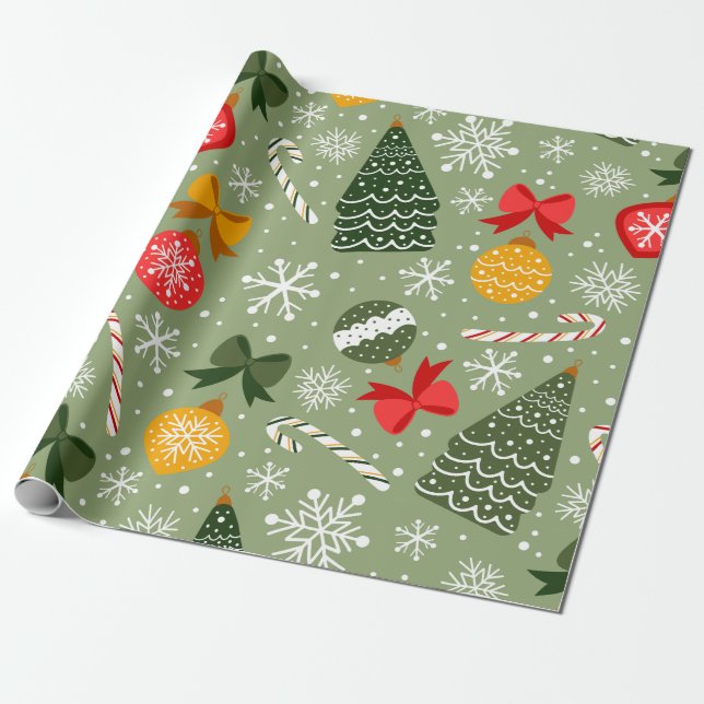 Christmas Tree & Ornaments Sage Green Pattern  Wrapping Paper (Unrolled)