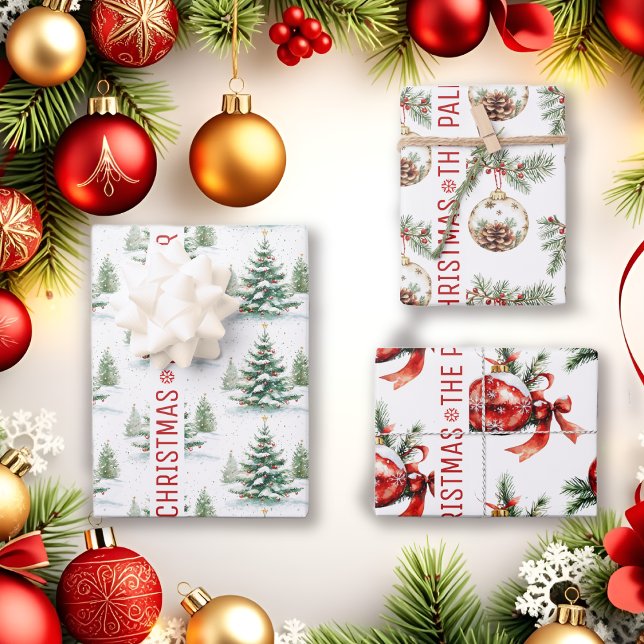 Christmas tree, ornaments, wishes and name holiday wrapping paper sheet (Creator Uploaded)