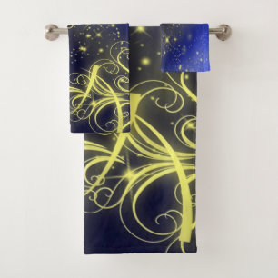 Christmas Tree Party Gold Stars Navy Blue Holidays Bath Towel Set