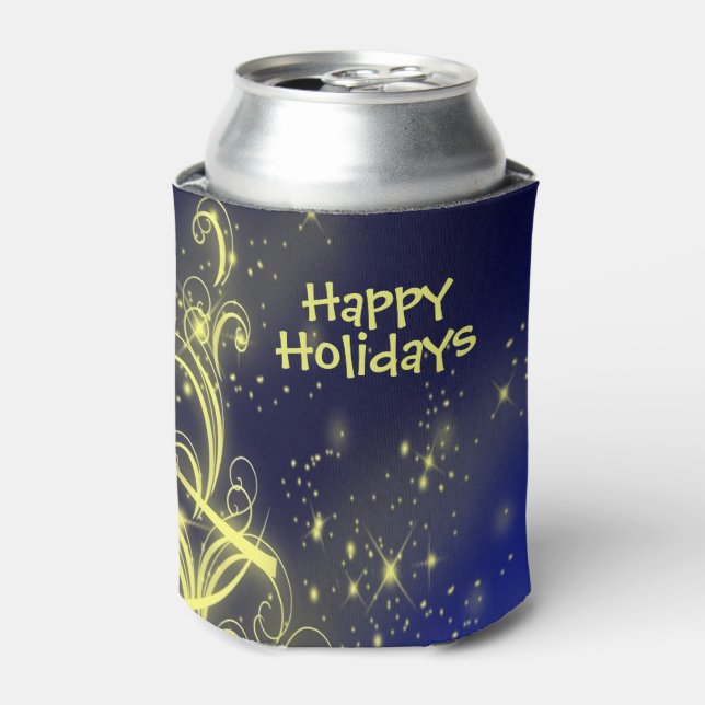 Christmas Tree Party Gold Stars Navy Blue Holidays Can Cooler (Can Front)