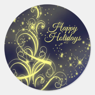 Christmas Tree Party Gold Stars Navy Blue Holidays Classic Round Sticker