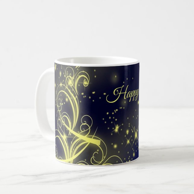 Christmas Tree Party Gold Stars Navy Blue Holidays Coffee Mug (Front Left)