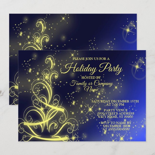 Christmas Tree Party Gold Stars Navy Blue Holidays Invitation (Front/Back)