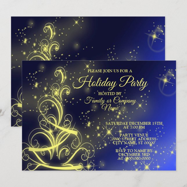 Christmas Tree Party Gold Stars Navy Blue Holidays Invitation (Front/Back)