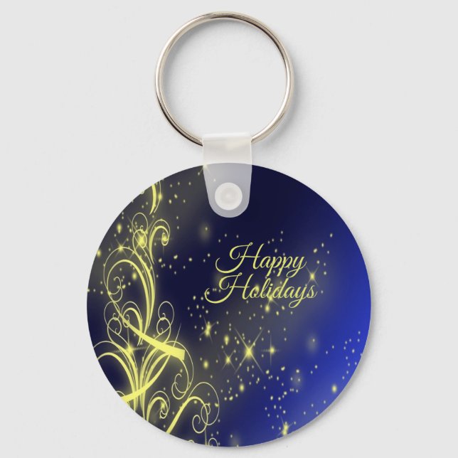 Christmas Tree Party Gold Stars Navy Blue Holidays Key Ring (Front)