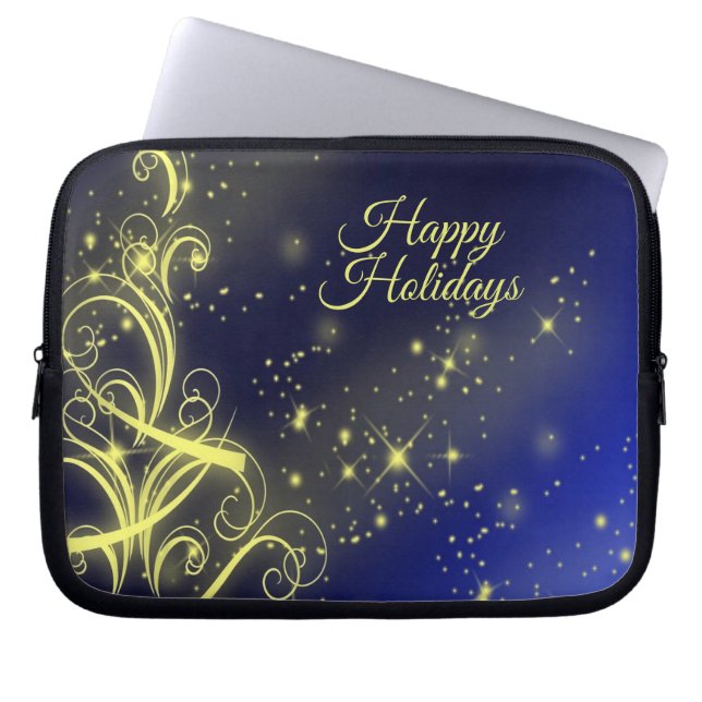 Christmas Tree Party Gold Stars Navy Blue Holidays Laptop Sleeve (Front)